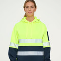 Safety yellow and navy hi-vis hoodie with horizontal reflective segmented tape panels across chest and waist