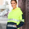 Safety yellow and navy fleece hoodie with segmented reflective tape on torso and arms