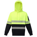 Fluorescent yellow and black safety hoodie with segmented reflective tape across chest and waist