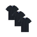 Three navy premium cotton crew neck tees arranged in overlapping packshot — smooth fabric, short sleeves, ribbed collar
