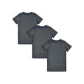Three charcoal premium cotton crew neck tees arranged in overlapping packshot display, smooth flat panels ideal for decoration