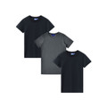 Three crew neck t-shirts in black, charcoal and navy with short sleeves displayed in overlapping arrangement
