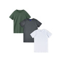 Three LOFT men's crew neck tees in olive green, charcoal grey, and white, smooth cotton fabric, short sleeves