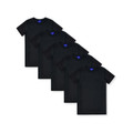 Five black crew neck t-shirts with short sleeves arranged in diagonal cascade display