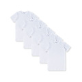 Five white crew neck short sleeve tees fanned in a flat lay stack, smooth fabric with clean finish
