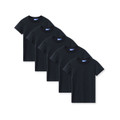 Five navy crew neck t-shirts arranged in overlapping diagonal row showing premium cotton construction