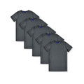 Five charcoal grey crew neck t-shirts arranged in cascading layout showing smooth cotton fabric and classic fit