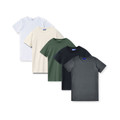 Five crew neck t-shirts fanned out showing white, natural, forest green, black and charcoal colours