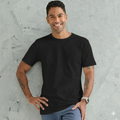 A male model wearing a black LOFT Mens Premium Cotton Tshirt with a longer body, a mid-weight, regular fit, and a crew neck.