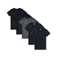 Five LOFT premium cotton crew neck tees fanned in black, charcoal, and navy colourways