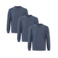 Three slate blue men's long sleeve crew neck tees with ribbed cuffs, smooth jersey fabric shown in stacked packshot