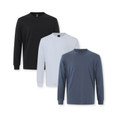 Three long sleeve crew neck tees in charcoal black, white, and slate blue with ribbed cuffs