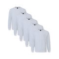 Five white men's long sleeve tees fanned in a flat lay stack, ribbed cuffs and crew neck, smooth front panel