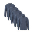 Five slate blue men's premium long sleeve crew neck tees fanned in a packshot stack