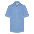 Sky blue short sleeve shirt with open neck collar, button front and left chest pocket, flat lay packshot