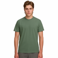 A male model with light brown hair wearing a plain mineral green Soho Men's Premium New Tech Cotton Face T-shirt, standing against a white background.