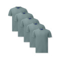 Five pastel blue crew neck t-shirts with smooth finish arranged in overlapping row, ideal for screen printing