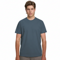 A male model with light brown hair wearing a plain slate blue Soho Men's Premium New Tech Cotton Face T-shirt, standing against a white background.