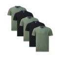 Five crew neck t-shirts arranged in a row alternating between black and mineral green colours