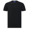 Black crew neck t-shirt with short sleeves and ribbed neckline shown on white background