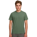 A male model with light brown hair wearing a plain mineral green Soho Men's Premium New Tech Cotton Face T-shirt, standing against a white background.