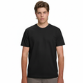 A male model with light brown hair wearing a plain black Soho Men's Premium New Tech Cotton Face T-shirt, standing against a white background.