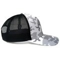Grey and white camo trucker cap with black mesh back panels, flat brim, side profile packshot