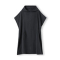 Charcoal grey hooded towel poncho with kangaroo pocket and short sleeves laid flat on white background