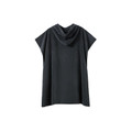 Charcoal grey hooded towel with short sleeves and kangaroo pocket featuring draped cowl neckline