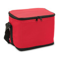 Bright red insulated cooler bag with black zip closure, black base panel and adjustable shoulder strap
