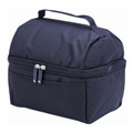 Navy insulated lunch box with zip closure, carry handle, and smooth front panel