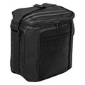 Black insulated cooler bag with dual zippered compartments, front pocket and adjustable shoulder strap