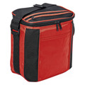 Red and black cooler bag with dual top zippers, contrast panels, front pocket, and adjustable shoulder strap
