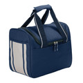 Navy cooler bag with white vertical stripe panel and contrast handles