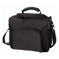 Black insulated cooler bag with padded carry handle, adjustable shoulder strap, front pocket and mesh side pocket