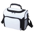 White heavy duty cooler bag with black trim, carry handle and adjustable shoulder strap