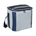 Large silver and navy cooler bag with contrast panels, zip top lid, front pocket, and adjustable navy shoulder strap