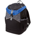 Black cooler backpack with royal blue curved front panel and grey contrast trim details