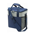 Navy and grey cooler bag with padded shoulder strap, mesh side pocket and top carry handles
