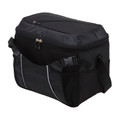 Black cooler bag with white contrast piping and dual zippered compartments
