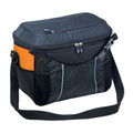 Charcoal and orange 20L cooler bag with zip lid, mesh side pocket, contrast panels and adjustable shoulder strap