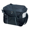 Navy 20L cooler bag with silver contrast panels, zip lid, mesh side pocket and adjustable shoulder strap