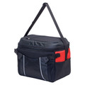 Navy 20L cooler bag with red contrast side pocket, mesh bottle holder, white piping detail and adjustable shoulder strap