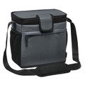 Slate grey and black 16-can cooler bag with front zip pocket, mesh side pocket, and adjustable shoulder strap
