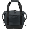 Charcoal grey waterproof cooler bag with black handles and straps, featuring zippered top compartment and reinforced base