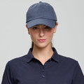 Slate blue unstructured cotton twill cap with curved brim and low-profile six-panel construction