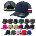 Navy premium cotton twill trucker cap with white mesh back and red-white-navy striped side panel detail