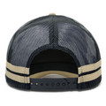 Black mesh trucker cap with tan cotton twill front panel and matching striped back strap with snap closure