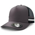 Charcoal trucker cap with black mesh back panels and grey stripe detail on side