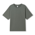 Olive green oversized organic cotton t-shirt with crew neck and wide short sleeves on white background